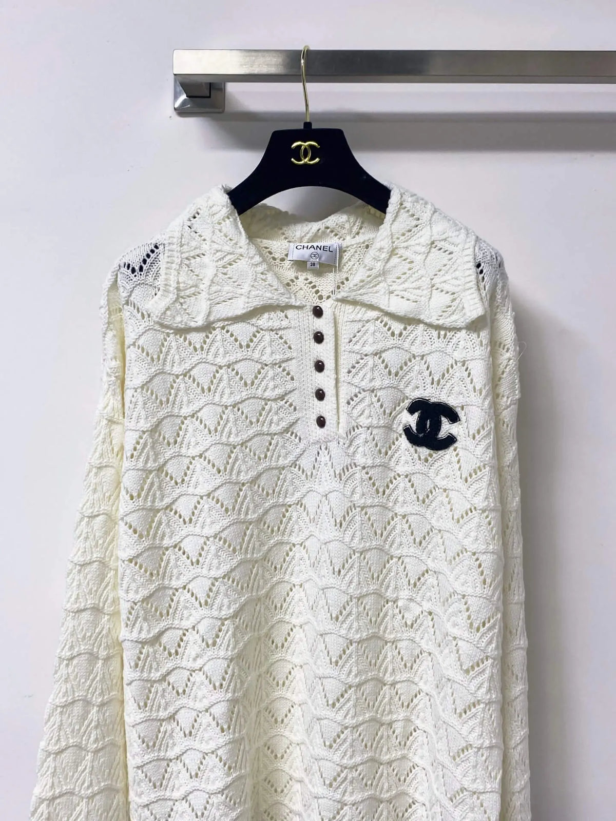 Polo Collar Hollow Knit Long Sleeve Top