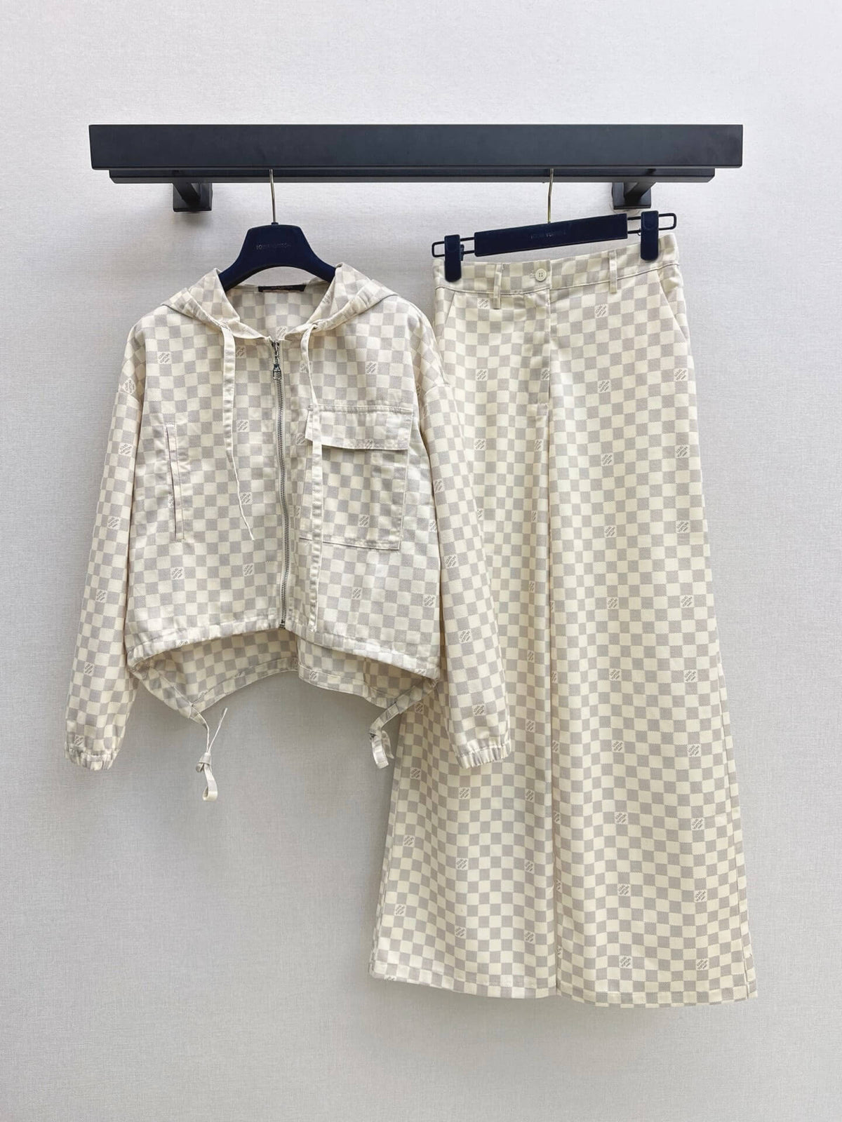 Checkered Hooded Jacket Wide Leg Pants Set