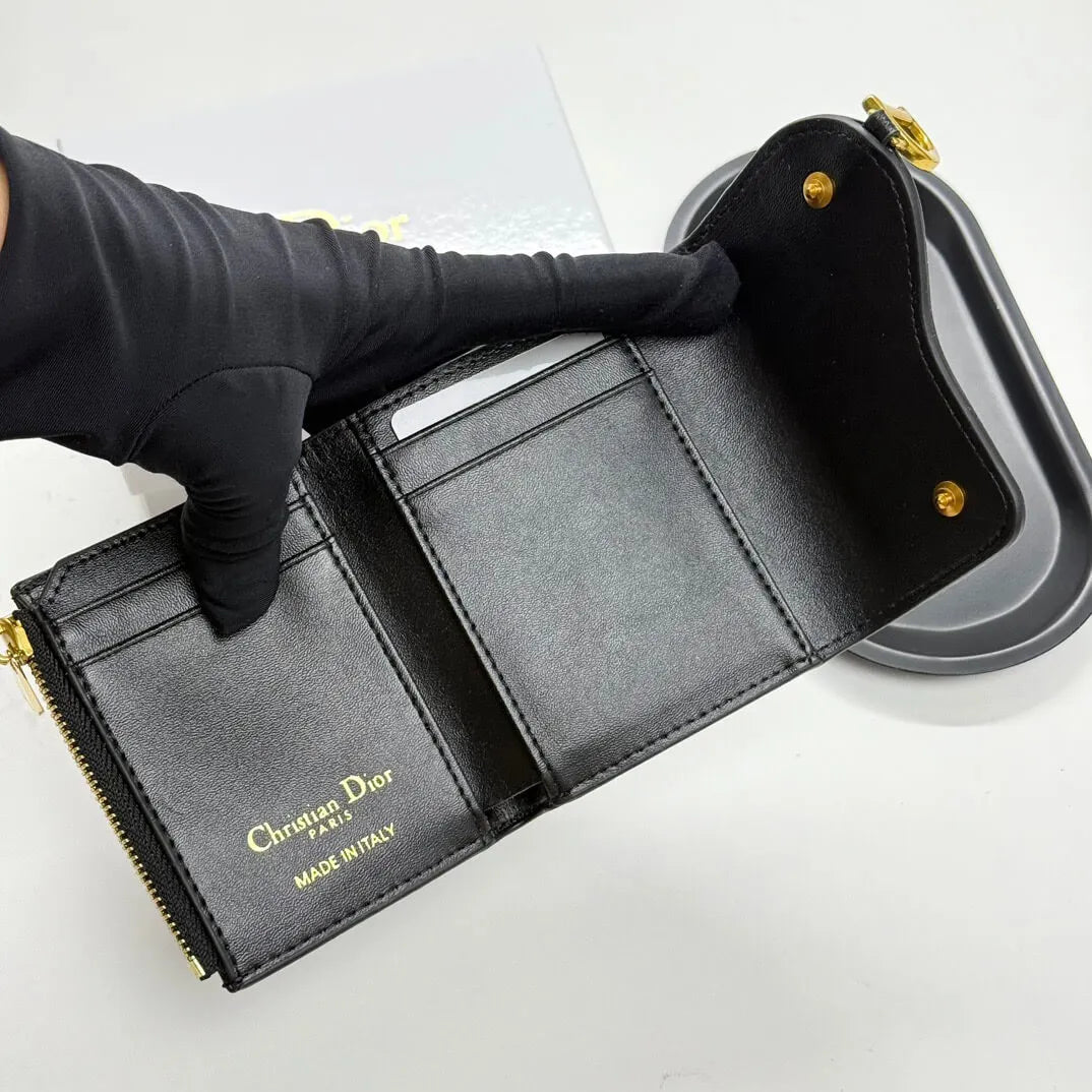 Black Grained Calfskin Short Card Holder Wallet
