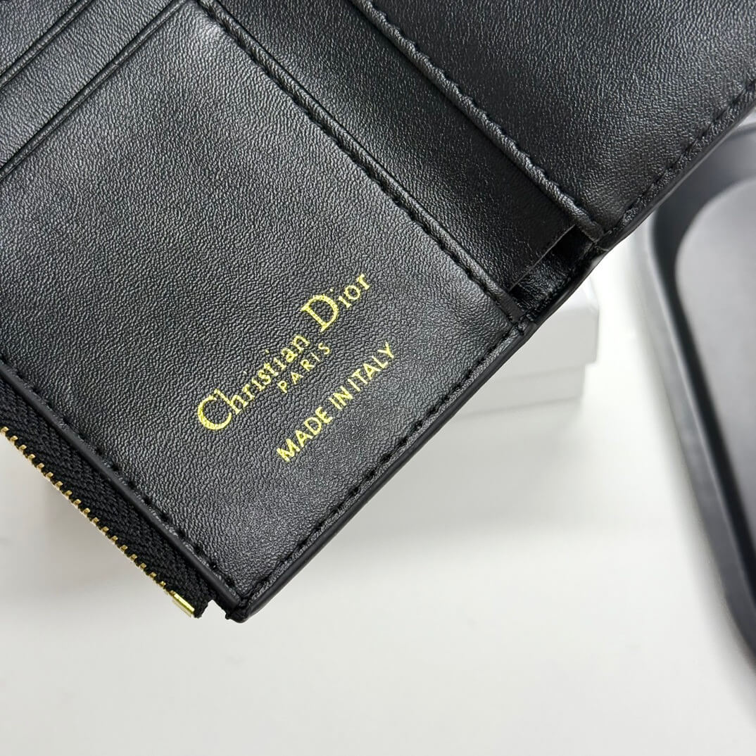 Black Grained Calfskin Short Card Holder Wallet