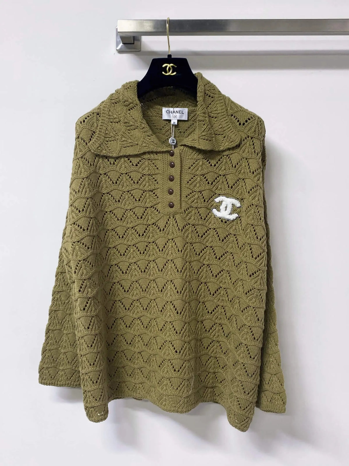 Polo Collar Hollow Knit Long Sleeve Top