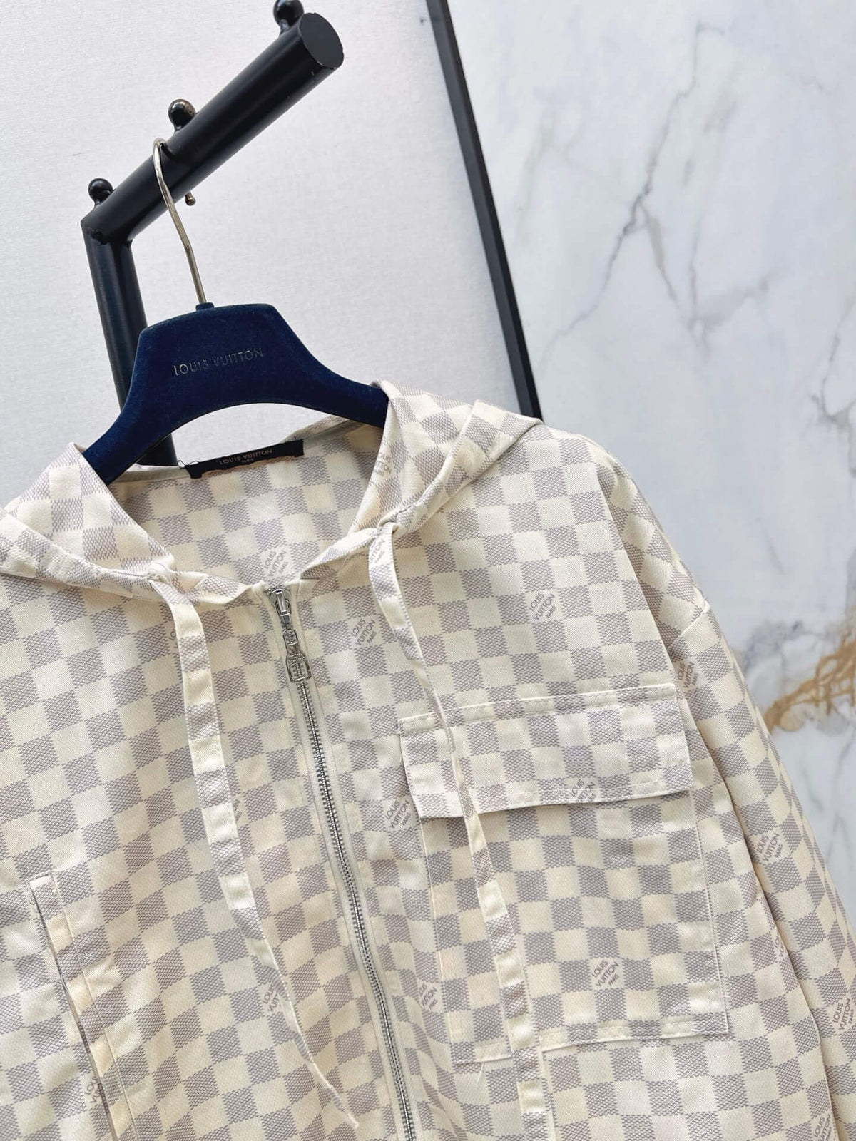 Checkered Hooded Jacket Wide Leg Pants Set