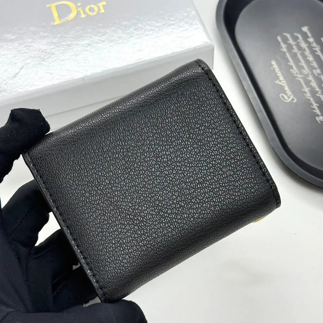 Black Grained Calfskin Short Card Holder Wallet