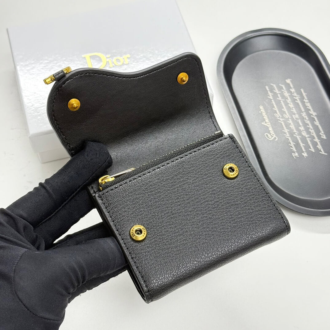 Black Grained Calfskin Short Card Holder Wallet