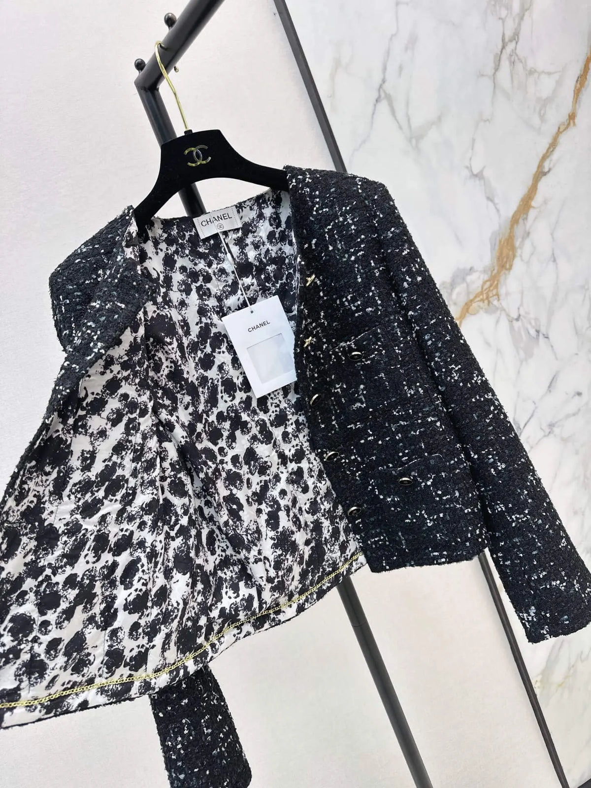 Black Silver Tweed Round Neck Jacket
