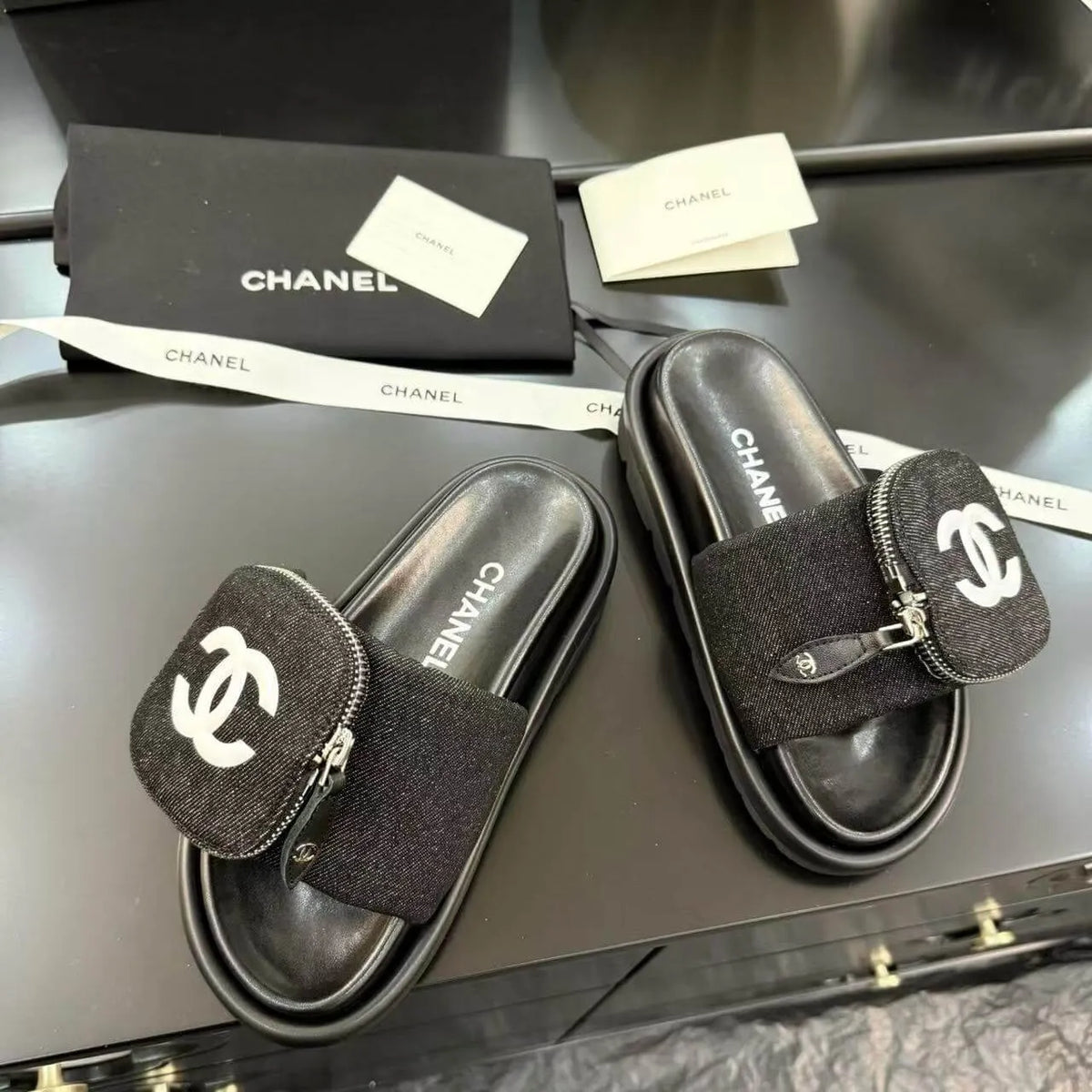 Zippered Pocket Black Denim Fabric Sandals