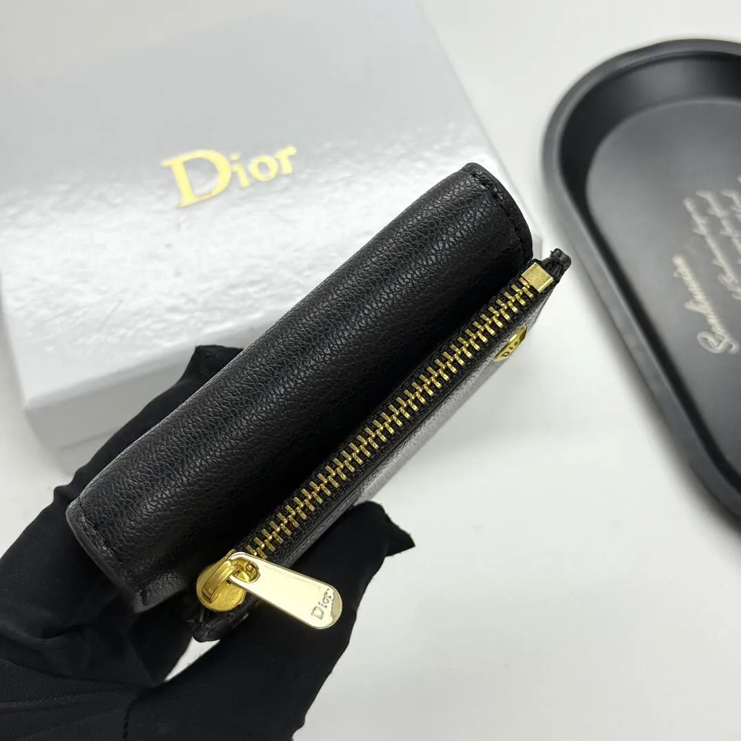 Black Grained Calfskin Short Card Holder Wallet