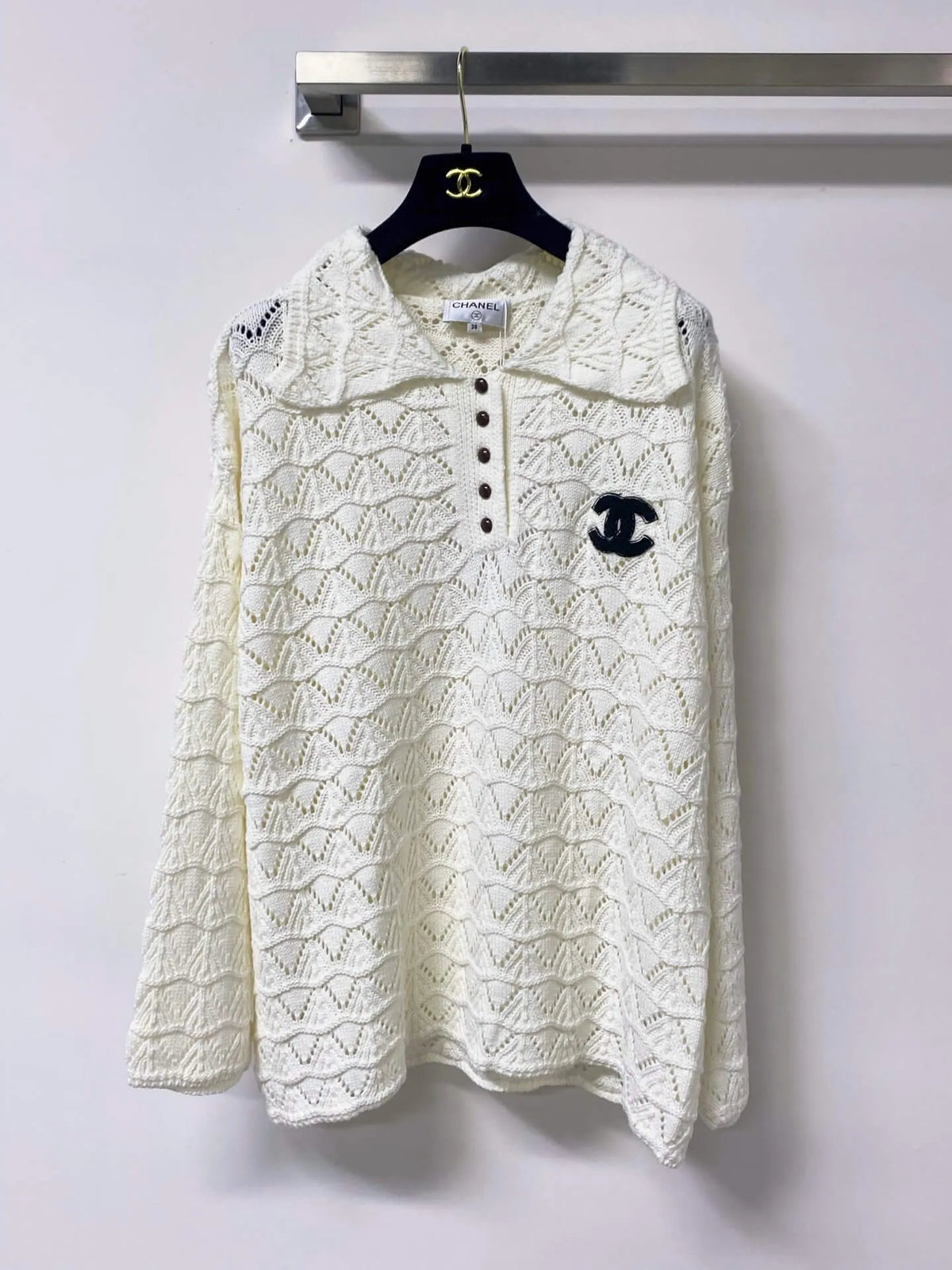 Polo Collar Hollow Knit Long Sleeve Top