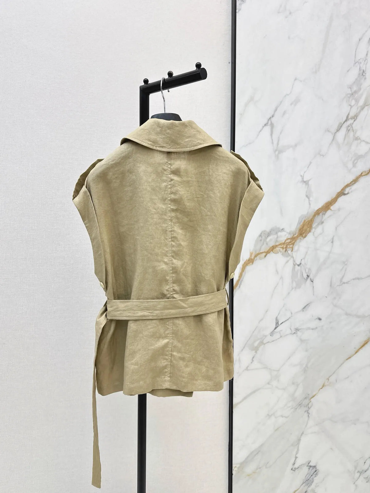 Belted Linen Trench Sleeveless Vest