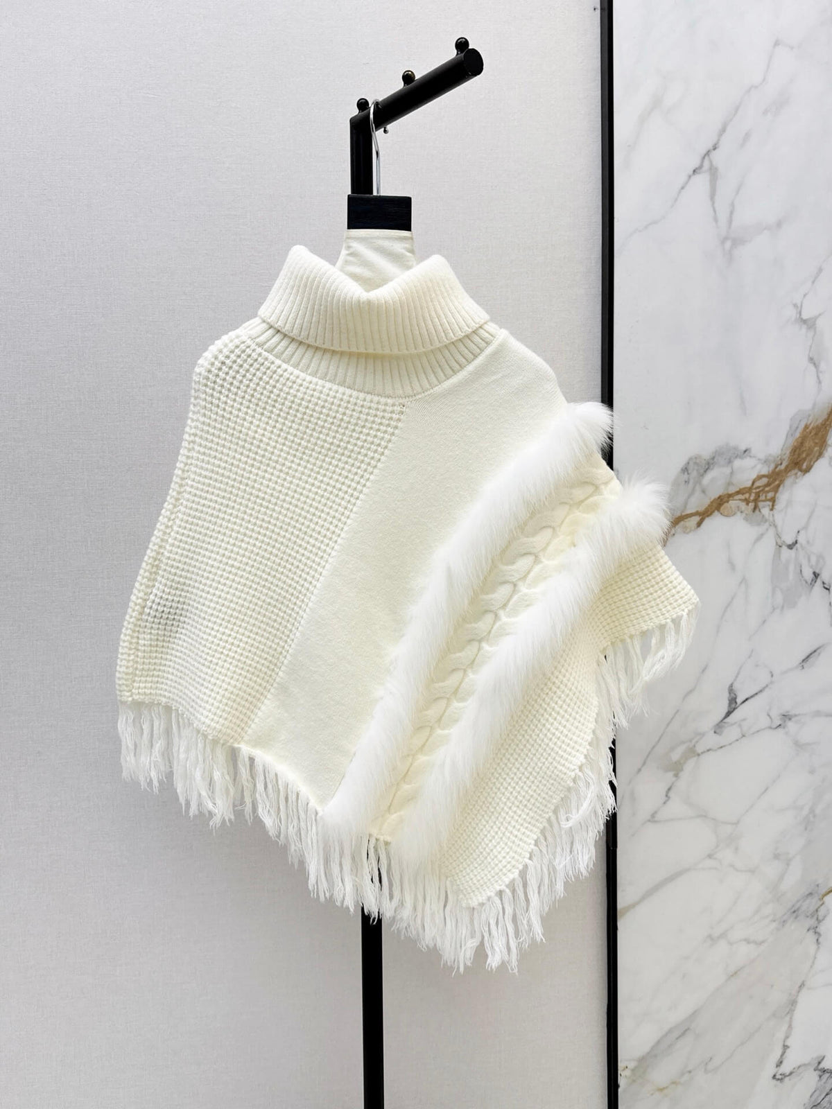 Turtleneck Fringe Knit Poncho