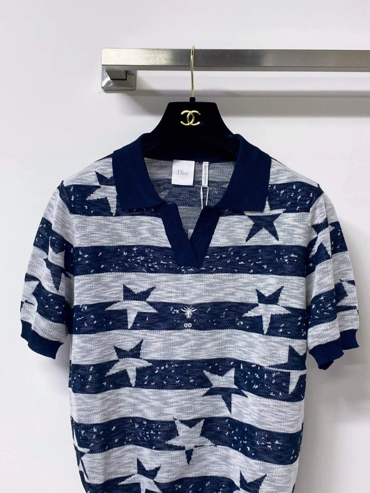 Star Jacquard Striped Knit Polo Top
