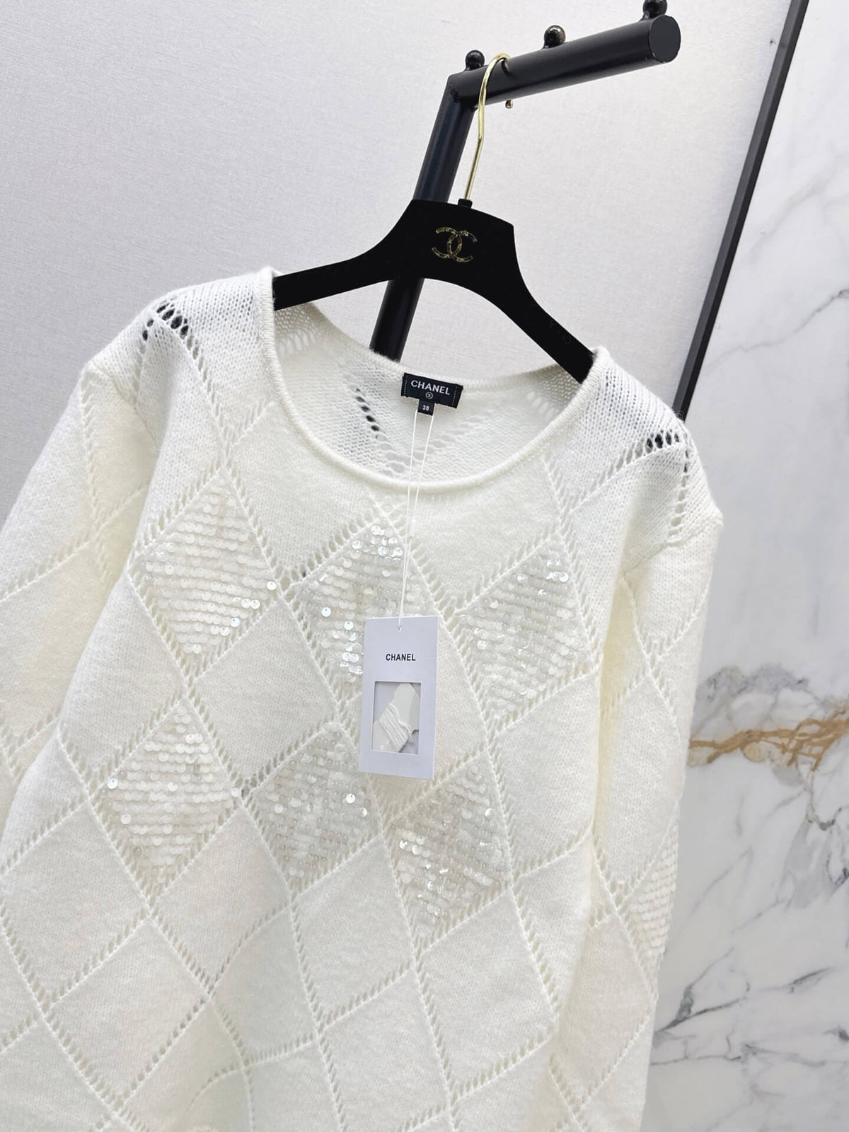 Openwork Diamond Sequin Knit Top