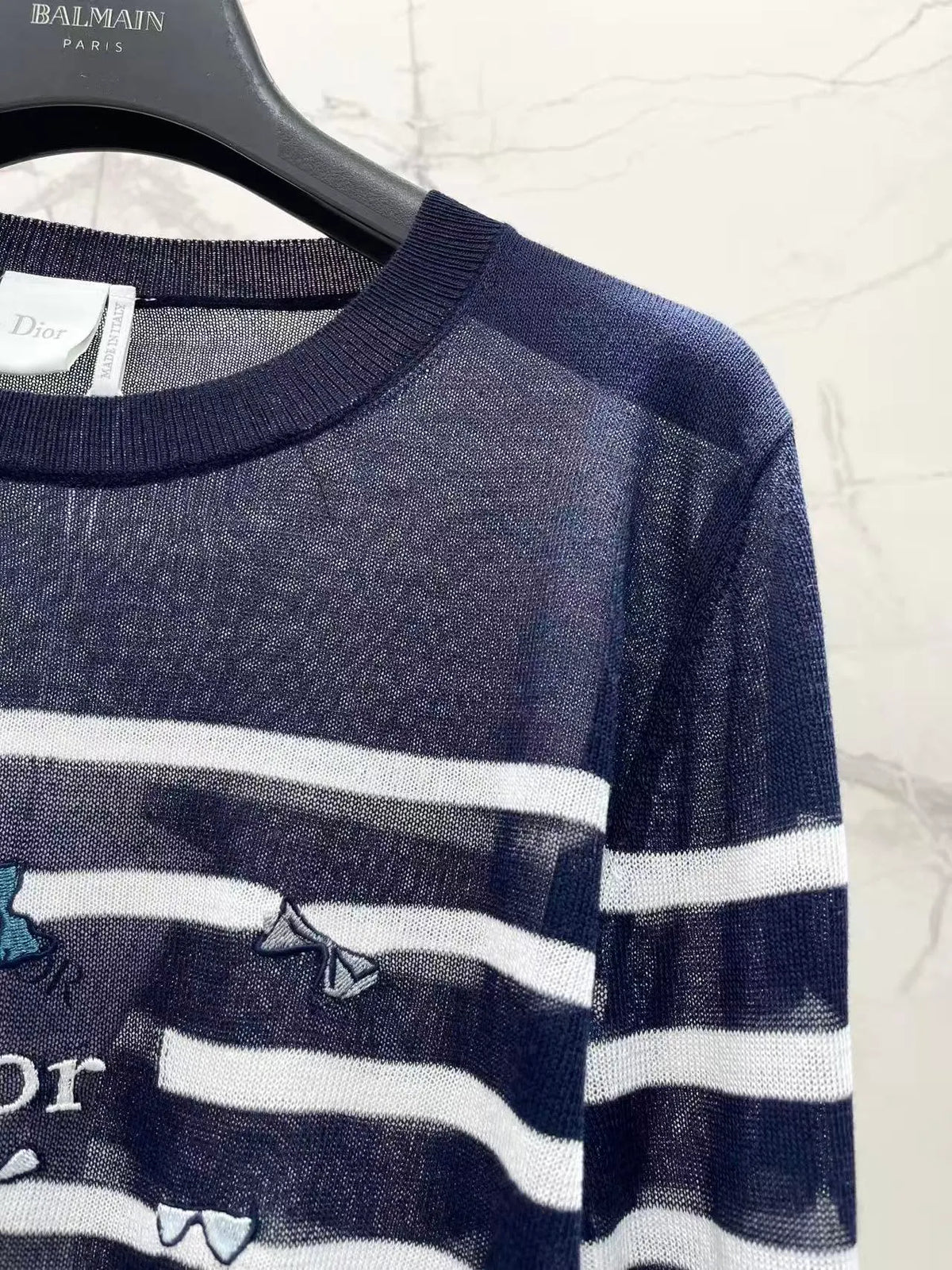 Bow Embroidery Stripe Knit Top