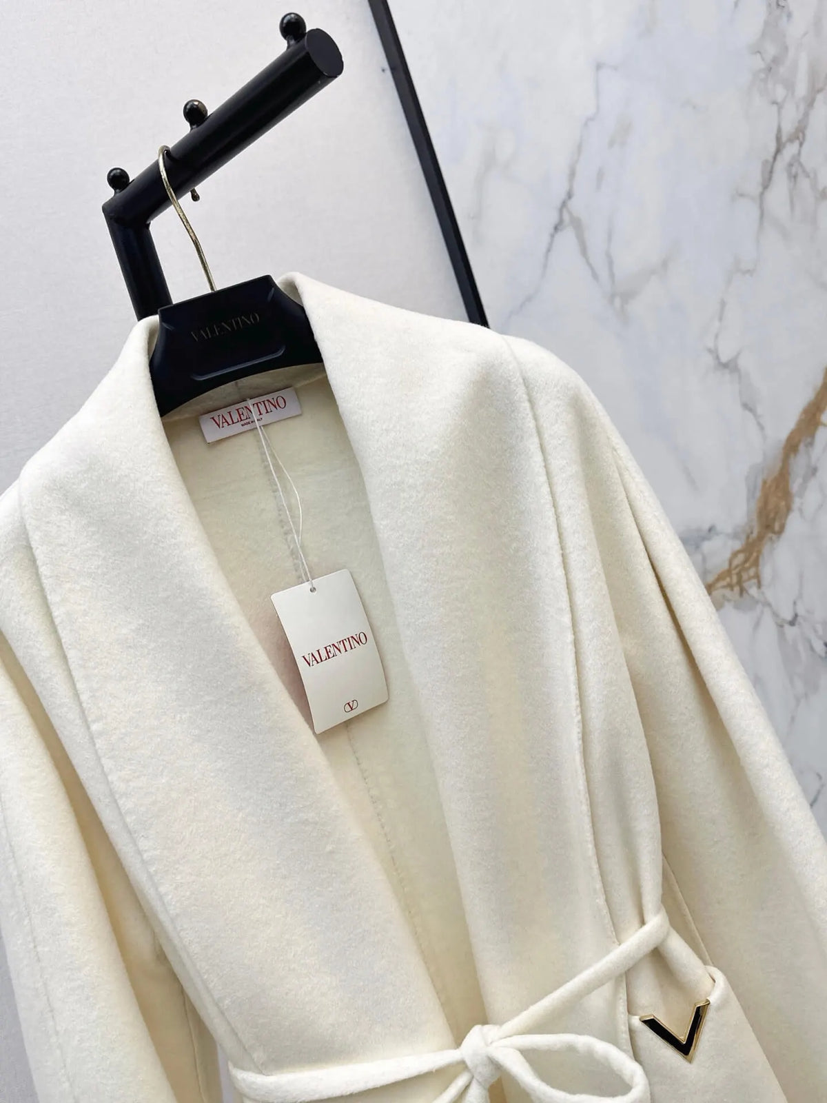V Detail Belted Wool Long Coat
