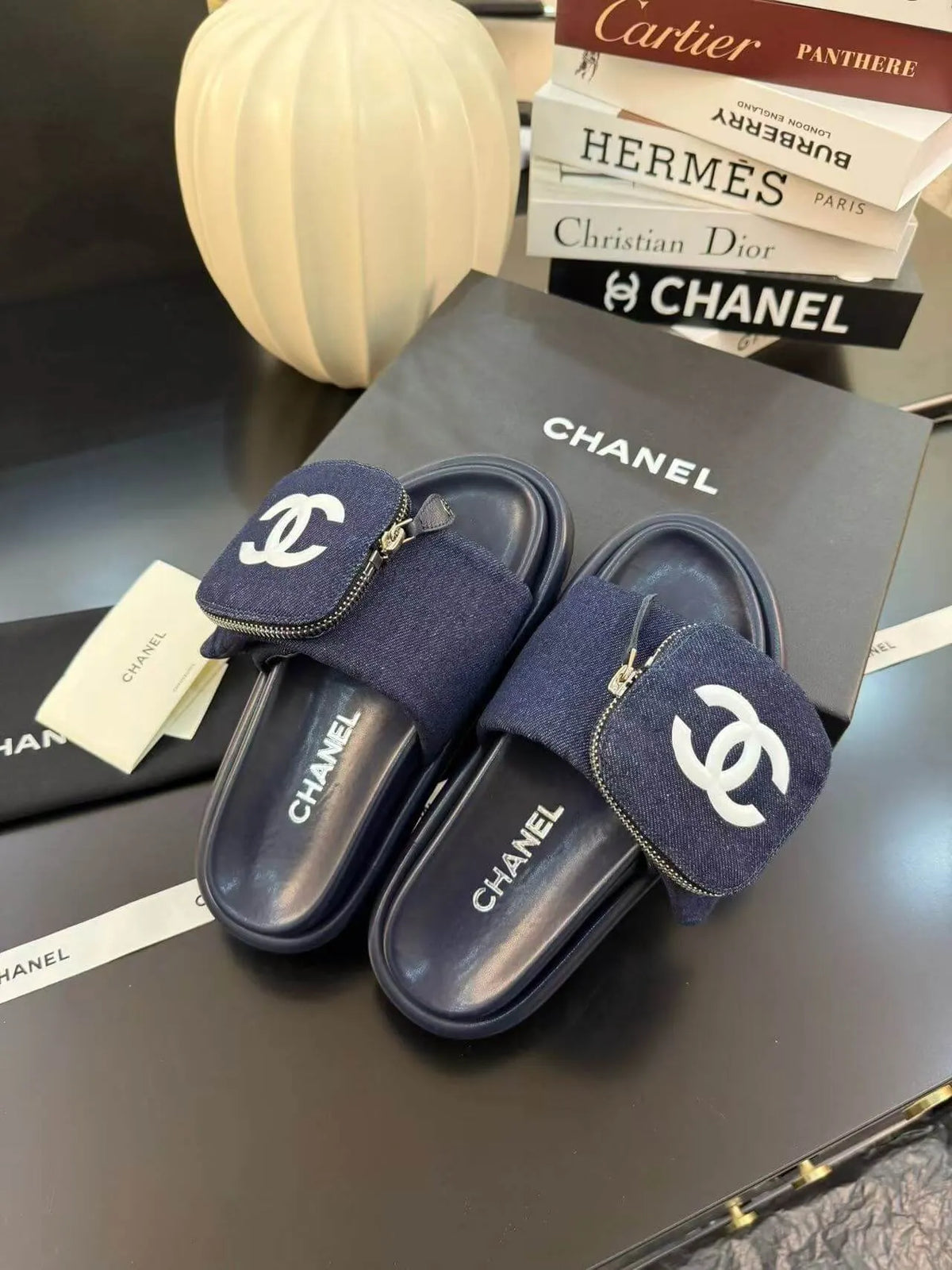 Zippered Pocket Blue Denim Fabric Sandals
