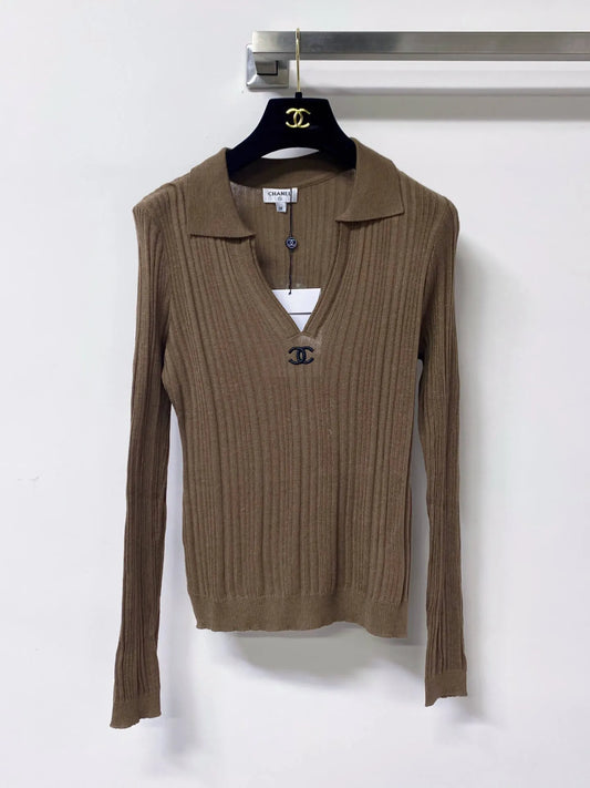 Polo V-Neck Rib Knit Long Sleeve Top