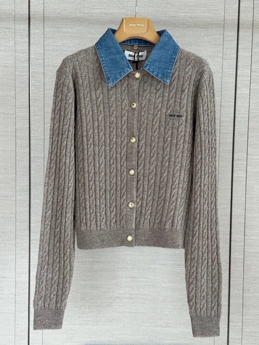 Cable Knit Denim Collar Cardigan
