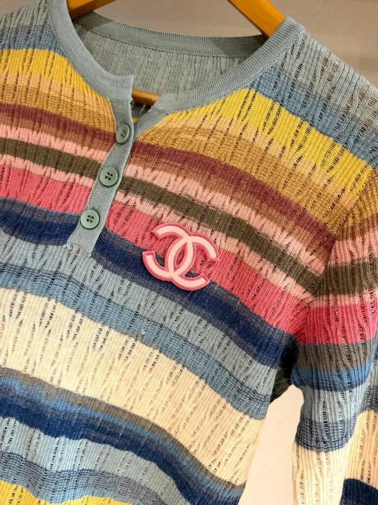 Color Stripe Knit Henley Sweater