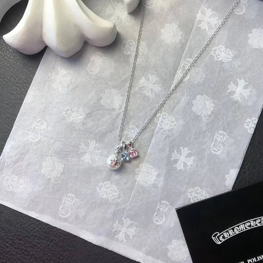 Cross Pearl & Colored Diamond Necklace
