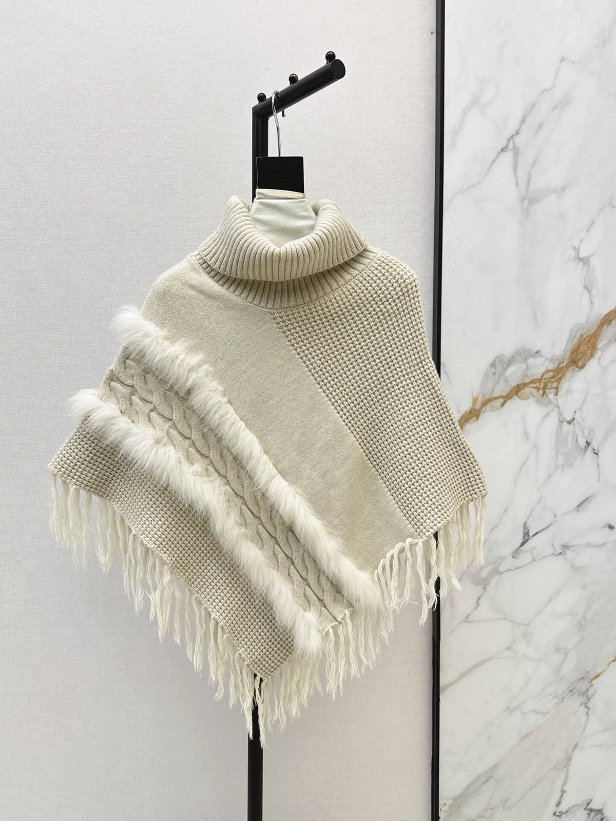 Turtleneck Fringe Knit Poncho