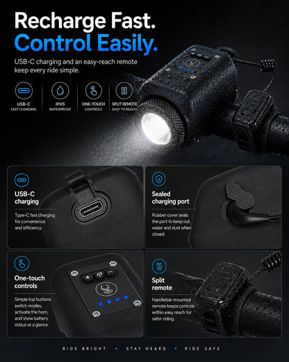 AureliaLiving 2-in-1 Rechargeable Bike Light & Horn