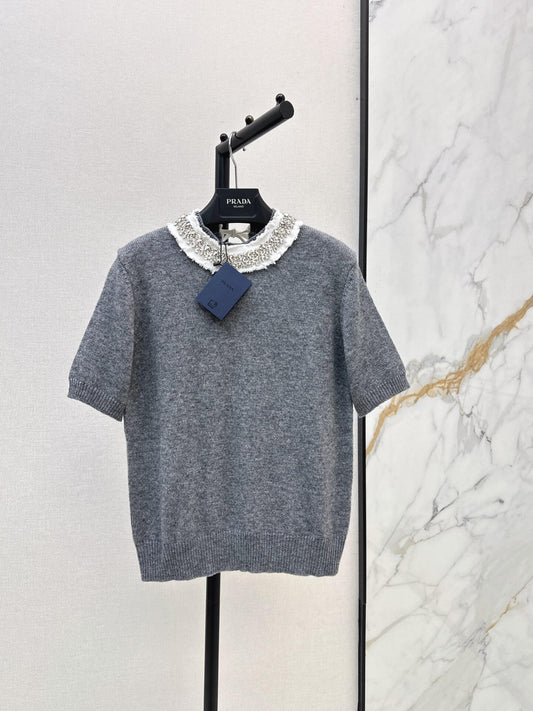 Beaded Collar Short Sleeve Knit Top