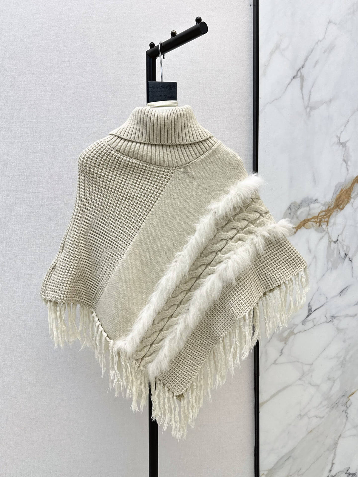 Turtleneck Fringe Knit Poncho