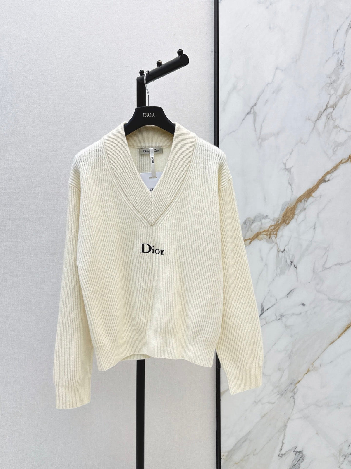 V-neck Ribbed Logo Knit Sweater
