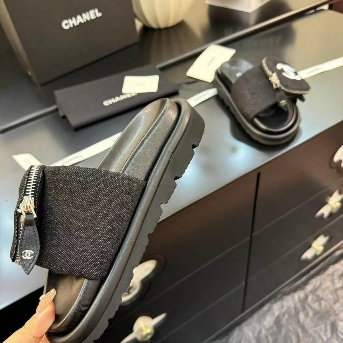Zippered Pocket Black Denim Fabric Sandals