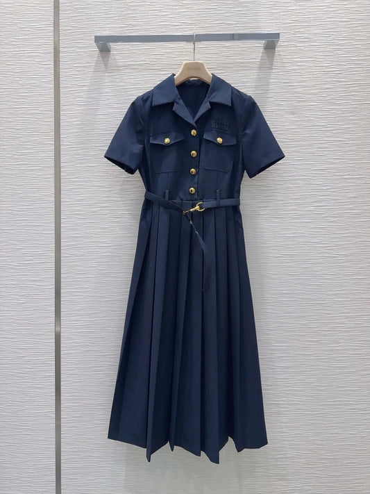 Belted Pleated Shirt Midi Dress