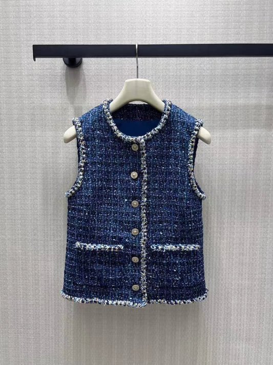 Mixed Yarn Openwork Blue Vest