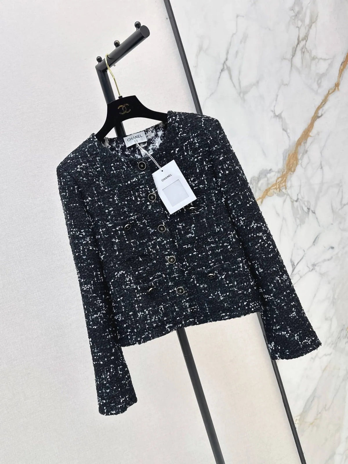 Black Silver Tweed Round Neck Jacket