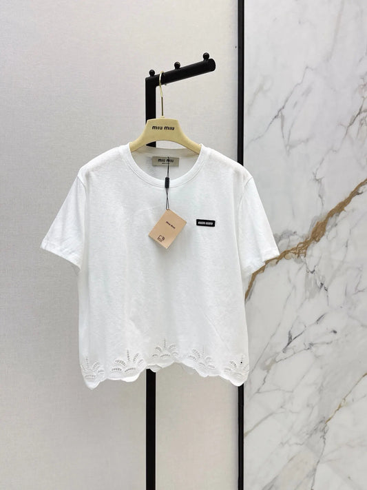 Eyelet Scalloped Hem Logo Patch Tee